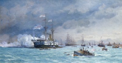 HMS "Edinburgh" na ćwiczeniach przeciwtorpedowych, ok. 1887 r. (olej na płótnie) autorstwa Eduardo de Martino