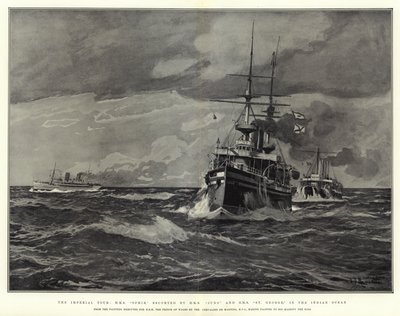 Imperial Tour, H M S Ophir, eskortowany przez H M S Juno i H M S St George, na Oceanie Indyjskim autorstwa Eduardo de Martino