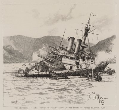 Wyrzucenie na brzeg HMS Howe na rafach Pereiro, u ujścia portu Ferrol, Hiszpania autorstwa Eduardo de Martino