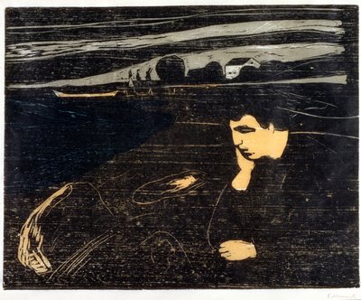 Wieczór, Melancholia: Na plaży (Abend, Melancholia am Strand) (drzewryt) autorstwa Edvard Munch