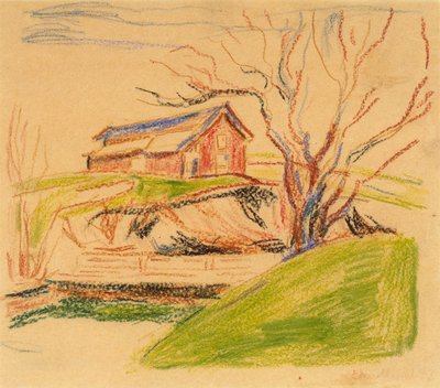 Dom na wzgórzu (kredka) autorstwa Edvard Munch