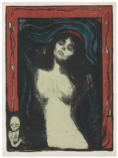 Madonna - Liebendes Weib, ok. 1930 r. 1895-1902 (litografia drukowana w kolorze czarnym, czerwonym, niebieskim i jadeitowym na białym) autorstwa Edvard Munch