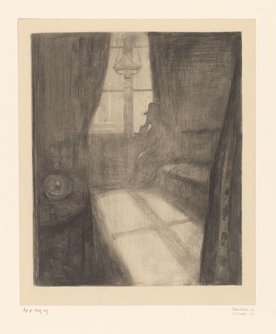 Mężczyzna we wnętrzu siedzący przy oknie Światło księżyca. Noc w Saint-Cloud (tytuł oryginalny) autorstwa Edvard Munch
