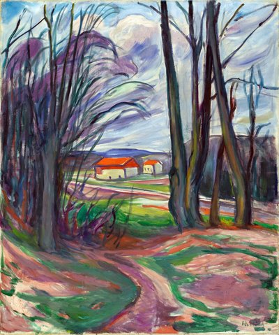Krajobraz w Skoyen (Oslo, Norwegia). Obraz Edvarda Muncha (1863-1944), olej na płótnie, ok. 1920 r. Sztuka norweska, XX w., ekspresjonizm. Prywatna kolekcja. autorstwa Edvard Munch