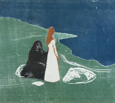 Dwie kobiety na plaży, 1898 (kolorowy drzeworyt) autorstwa Edvard Munch