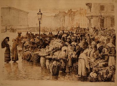 Targ warzywny, Kopenhaga (pióro i atrament) autorstwa Edvard Petersen