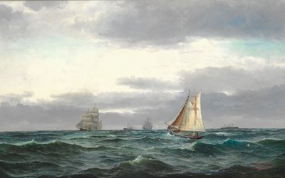 Marine z kilkoma statkami, szarymi deszczowymi chmurami i odrobiną błękitnego nieba autorstwa Edvard Skari