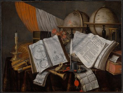 Martwa natura Vanitas z flagą, świecznikiem, instrumentami muzycznymi, książkami, akcesoriami do pisania, globusami i klepsydrą autorstwa Edwaert Collier