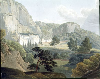 Klasztor Megaspelia, tablica 8 z części 2 "Widoki w Grecji", ryt. Robert Havell autorstwa Edward (after) Dodwell