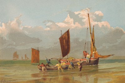Wypływające łodzie rybackie u wybrzeży Norfolk (kolorowa litografia) autorstwa Edward (after) Duncan