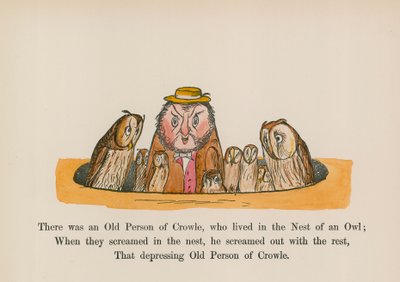 Był sobie starzec z Crowle, który mieszkał w gnieździe sowy (kolorowa rycina) autorstwa Edward (after) Lear