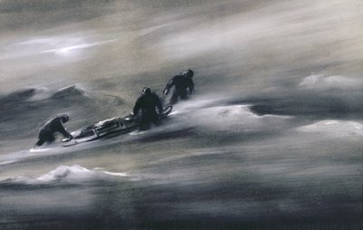 Trzech mężczyzn z sankami na śniegu, 1910-12 autorstwa Edward Adrian Wilson