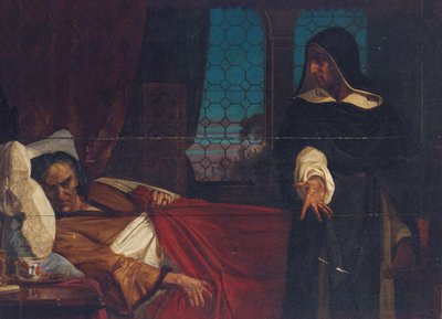 Zamaskowana postać przed łóżkiem udręczonego mężczyzny autorstwa Edward Armitage