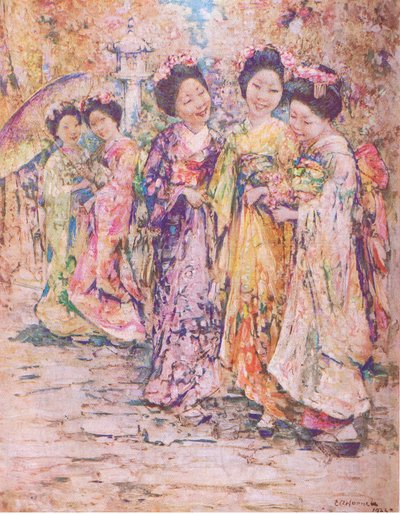 Promenada, Kioto, ilustracja z My Magazine autorstwa Edward Atkinson Hornel