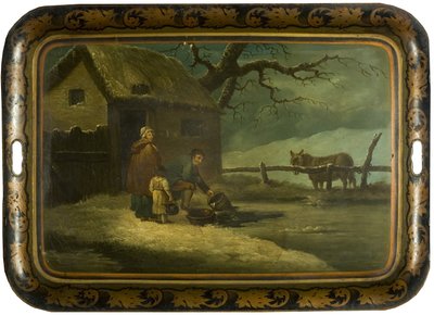 Breaking the Ice, ok. 1800 (olej na japońskiej blaszanej tacce do herbaty) autorstwa Edward Bird