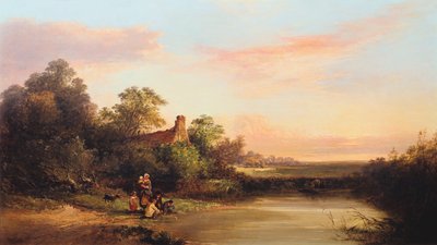 „Pejzaż angielski z chatą i strumieniem”, 1860 autorstwa Edward Charles Williams
