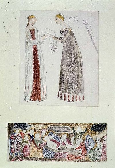 nr 1084-f.10 (TtoB) Dwie panny, kopia Narodzin Maryi Giovanniego da Milano z kaplicy Rinuccini we Florencji; Lamentacja (akwarela, ołówek) autorstwa Edward Coley Burne Jones