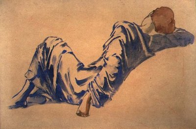 Studium śpiącego dworzanina z serii Briar Rose: Pokój Rady (akwarela z czerwoną kredą na papierze) autorstwa Edward Coley Burne Jones