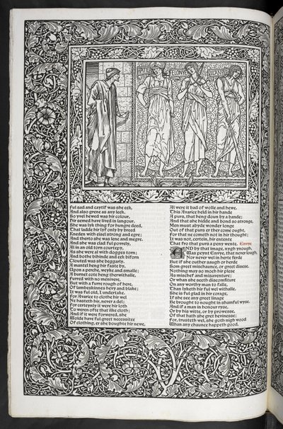 „Prace Geoffreya Chaucera są teraz nadrukowane na nowo z obrazami zaprojektowanymi przez Sir Edwarda Burne-Jonesa” autorstwa Edward Coley Burne Jones
