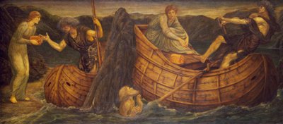 Kupidyn i Psyche - Pałacowe Zielone Malowidła - Psyche dająca Monetę Przewoźnikowi Styksu, 1881 autorstwa Edward Burne Jones
