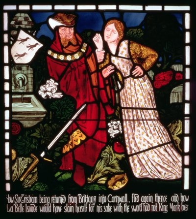 Izolda Piękna próbuje się zabić, z „Historii Tristana i Izoldy”, William Morris und Co. (witraż) autorstwa Edward Burne Jones