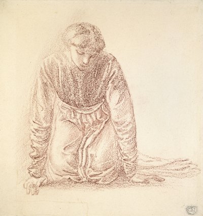 Klęcząca postać kobiety (ciemnoczerwona kreda na białym papierze) autorstwa Edward Burne Jones