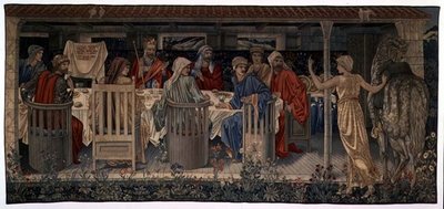 Quest for the Holy Graal Tapestries, panel 1, Rycerze Okrągłego Stołu wezwani na poszukiwanie przez Dziwną Damę, 1898-1899 autorstwa Edward Burne Jones