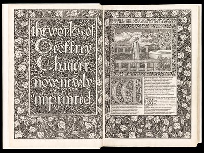 „The Works of Geoffrey Chaucer Now Newly Imprinted” autorstwa Geoffreya Chaucera, opublikowane przez Kelmscott Press w 1896 r. (drzewryt) autorstwa Edward Burne Jones