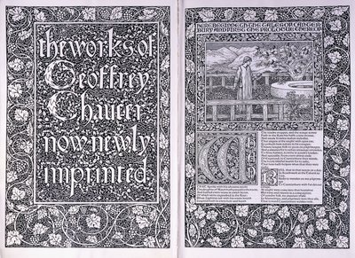 Strona tytułowa i strona otwierająca z wydania Kelmscott Press „The Works of Geoffrey Chaucer”, 1896 autorstwa Edward Burne Jones