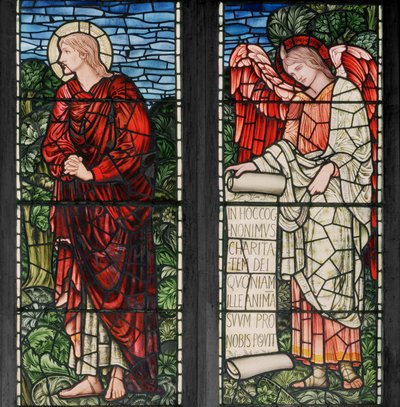 Birmingham, Acocks Green, St Mary The Virgin, Morris & Co., Edward Burne-Jones, John Henry Dearle (1859-1932), St John & Angel with Scroll, 1895 autorstwa Edward Coley and Dearle Burne-Jones