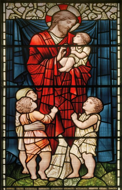 Wilden, All Saints, Morris & Co., Edward Burne-Jones, John Henry Dearle (1859-1932), Chrystus błogosławi dzieci, 1902-1914, Louisa, Alfred, The Baldwins, premier, metodysta, Worcestershire, A. autorstwa Edward Coley and Dearle Burne-Jones