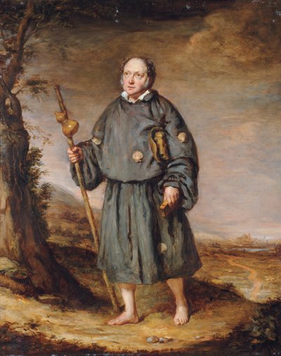 Portret dżentelmena jako pielgrzyma, na ścieżce, trzymającego laskę z tykwą i biblią, 1836 autorstwa Edward Daniel Leahy