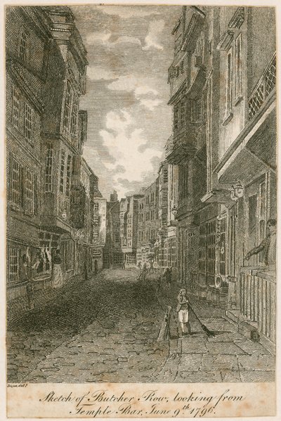 Szkic Butcher Row, patrząc z Temple Bar, 9 czerwca 1796 autorstwa Edward Dayes
