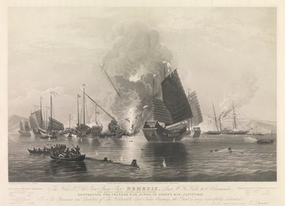 Żelazny statek parowy E.I. Co. Nemesis, ... z łodziami Sulphur, Calliope, Larne i Starling, niszczący chińskie okręty wojenne w zatoce Ansona, 7 stycznia 1841 r. (Chuenpee w pobliżu Kantonu). autorstwa Edward Duncan