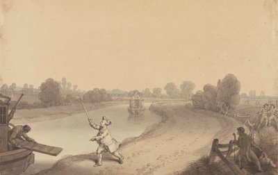 Kanał Paddington: skrzyżowanie w Wormwood Scrubs, z pasażerem witającym łódź pasażerską Uxbridge autorstwa Edward Francis Burney
