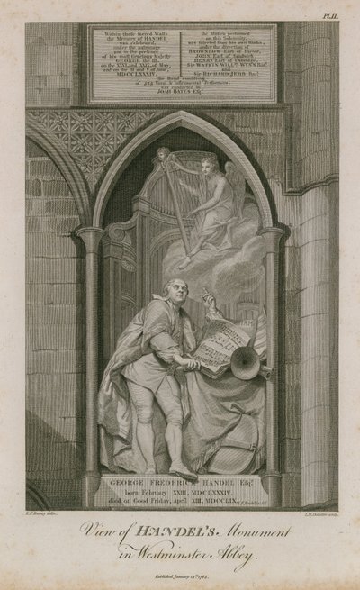 Widok na pomnik Haendla w Opactwie Westminsterskim autorstwa Edward Francis Burney