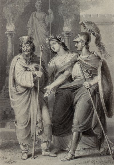 Wojownik w towarzystwie kobiety przemawiającej do kapłana na terenie świątyni autorstwa Edward Francis Burney