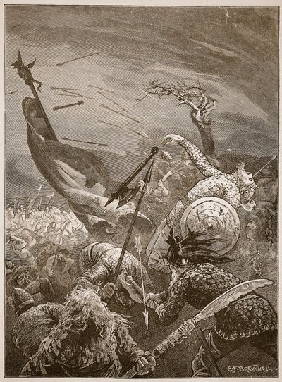 Śmierć Harolda w bitwie pod Hastings, ilustracja z „Ilustrowanej historii Anglii Cassella” (zdjęcie w sepii) autorstwa Edward Frederick Brewtnall