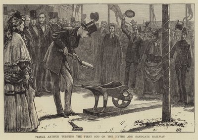 Książę Artur skręcający pierwszą łodygę pod budowę kolei Hythe i Sandgate autorstwa Edward Frederick Brewtnall