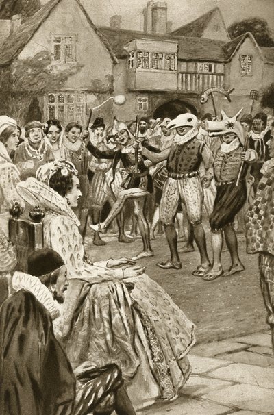 Królowa Elżbieta I zabawiana przez błaznów (litografia) autorstwa Edward Frederick Skinner