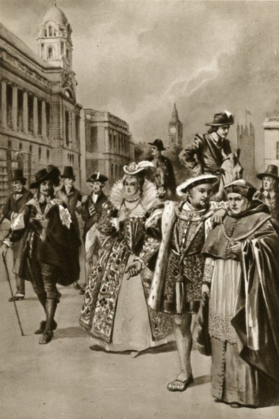 Ulice Londynu: Król Karol I, królowa Elżbieta I, król Henryk VIII, kardynał Wolsey (litografia) autorstwa Edward Frederick Skinner
