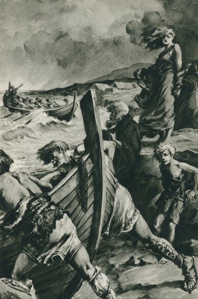 Wikingowie, którzy wypłynęli z fiordów Norwegii i odkryli Amerykę na długo przed Kolumbem (litografia) autorstwa Edward Frederick Skinner