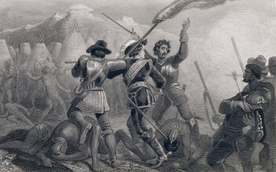 Wojna Pequod, 1636, z „Historii Stanów Zjednoczonych”, tom. I, Charles Mackay, grawerowane przez James Charles Armytage (c.1820-97) autorstwa Edward Henry Corbould