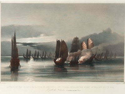 Atak na piracką eskadrę Chuiapoo u wybrzeży Tysami w Chinach w nocy 28 września 1849 r. przez HMS Columbine, J.C. Dalrymple Hay, Esqr, Commr, ok. 1849 r. (druk, litografia, kolorowana) autorstwa Edward Hodges Cree