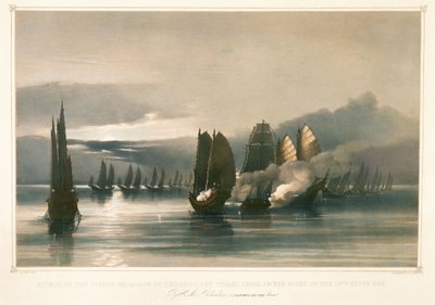 Atak na piracką eskadrę Chuiapoo u wybrzeży Tysami w Chinach, 28 września 1849 r., połowa XIX w. (litografia) autorstwa Edward Hodges Cree