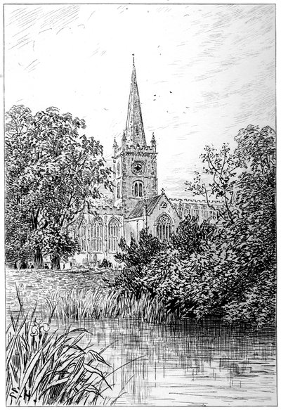 Kościół Stratford widziany z rzeki, Stratford-upon-Avon, Warwickshire, 1885. autorstwa Edward Hull