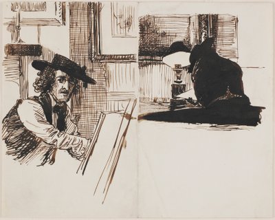 Whistler rysunek Poyntera, widok z tyłu mężczyzny siedzącego przy stole w pobliżu zapalonej lampy, 1860. autorstwa Edward John Poynter