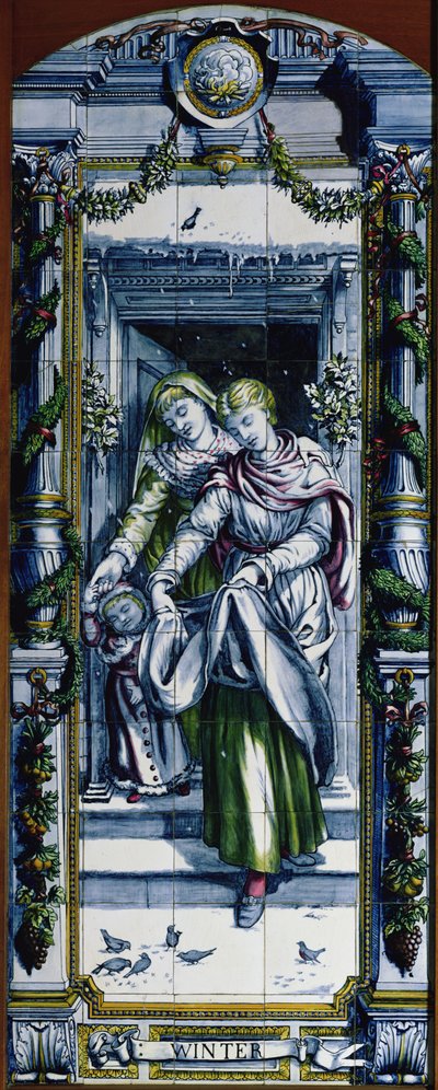 Zima, z serii paneli kaflowych, zaprojektowanych przez Sir Edwarda Poyntera i wykonanych przez Minton, Campbell and Company, dla kuchni holenderskiej, 1867-8 (ceramika) autorstwa Edward John Poynter