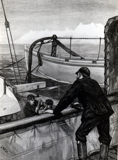 The Arctic Expedition - „Alert” w pobliżu Holsteinborg, Grenlandia: Sternpost Cutter of Iceboat on Skids, opublikowany w „The Graphic”, grawerowany przez J. Nasha, 1875 autorstwa Edward Lawton Moss