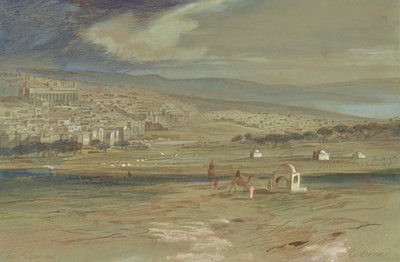 Widok miasta Hebron z wielbłądami i postaciami na pierwszym planie autorstwa Edward Lear